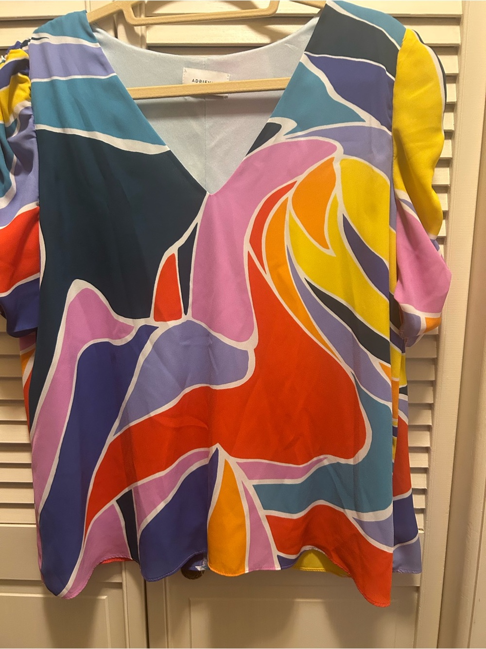 Adrienne Multicolor Abstract V-Neck Blouse - Red, Yellow, Blue, Pink, Purple